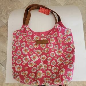 American Eagle Pink Daisy Floral Tote Bag Brown Straps Snap Closure Canvas Cute